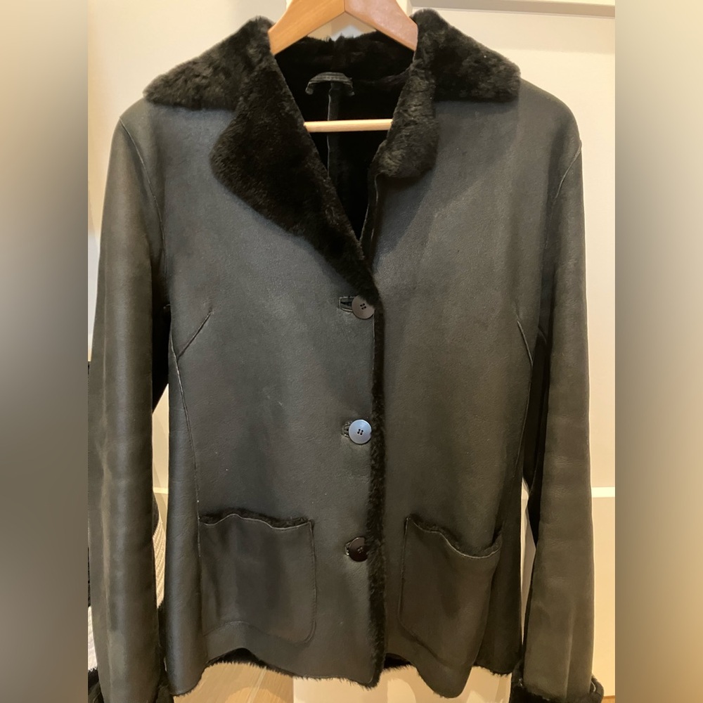 Black leather shearling sheepskinn jacket Small/medium